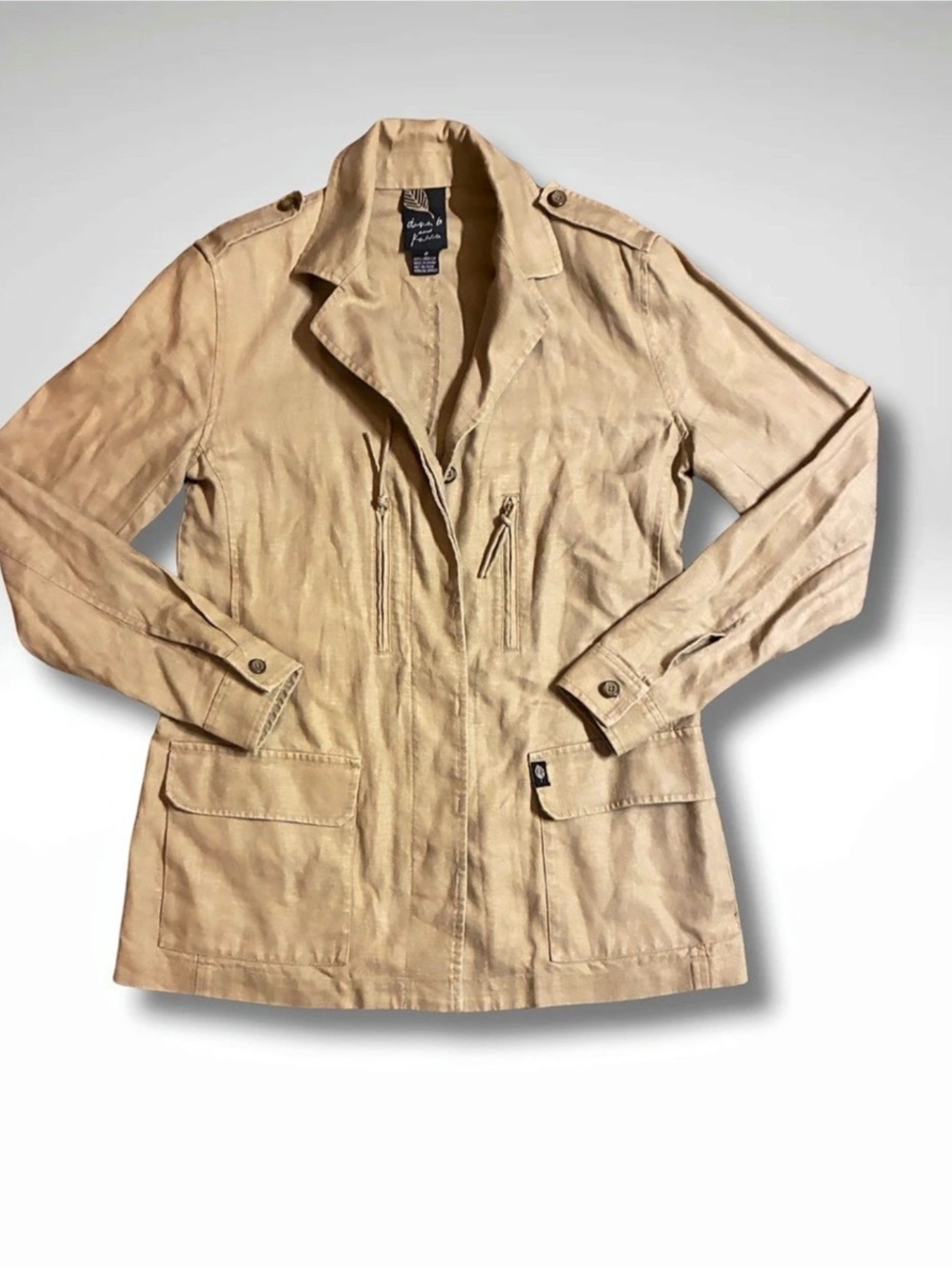 VTG Dana B & Karen 100% Linen Safari Utility Field Jacket Khaki Tan Epaulettes S